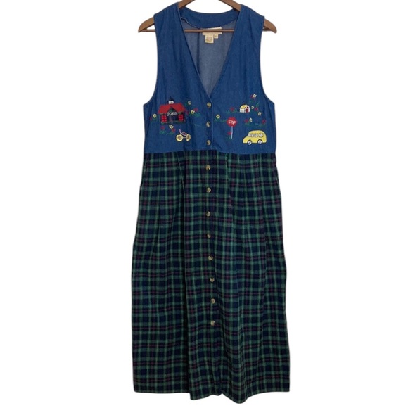 Vintage Dresses & Skirts - Vintage Blue and Green Plaid and Denim Embroidery Grandma-core TeacherMaxi Dress